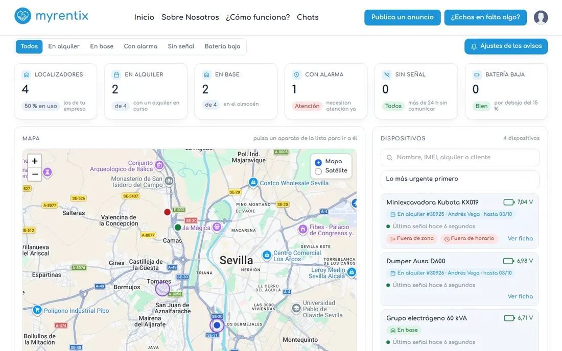El mapa de la flota con los localizadores GPS de cada máquina.